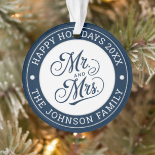 Trouwfoto Mr & Mrs Elegant Script Passen getrouwd Ornament