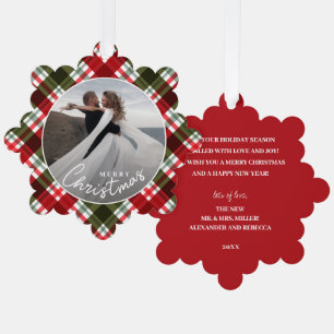 Trouwfoto op Plaid Plaid Christmas Ornament Kaart