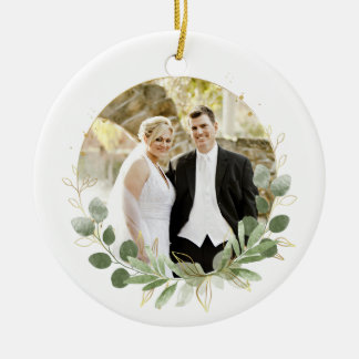 Trouwfoto-oudje Elegant Wit & Bladeren Keramisch Ornament