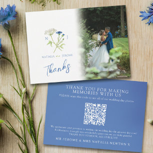 Trouwfoto QR-code met wilde bloemen monogram blauw Bedankkaart