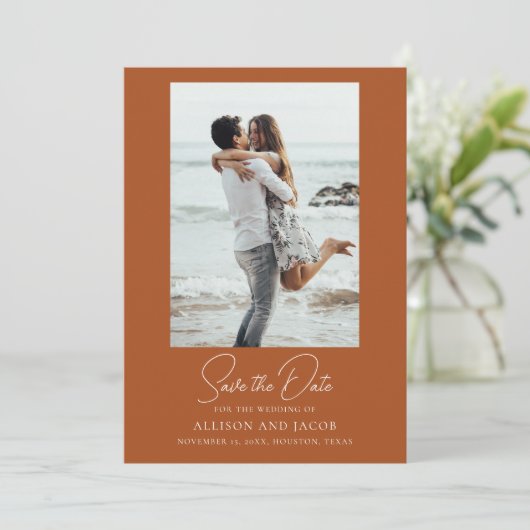 Trouwfoto Terracotta Save The Date (Staand voorkant)