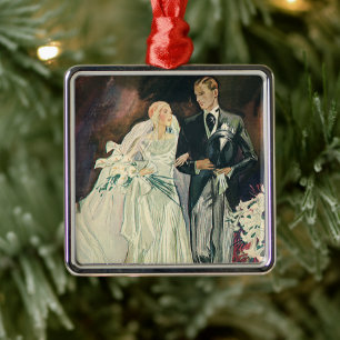 Trouwfoto van pasgetrouwden, gelukkige bruid en br metalen ornament