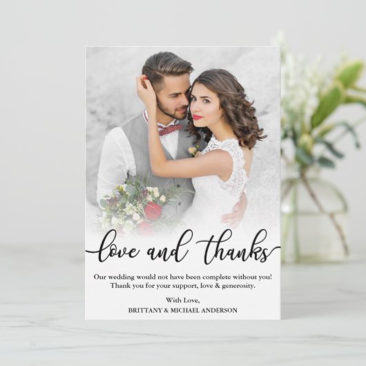 Trouwfoto Zwarte Script Liefde en Dank Kaart (Staand voorkant)