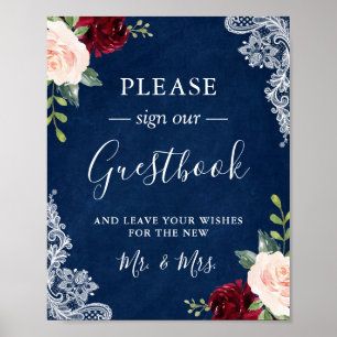 Trouwgastboek Bord met Navy Blauwe Blush Bloemen K Poster