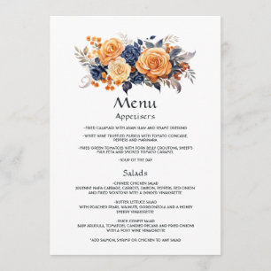 Trouwgastdetails in marineblauw en oranje bloemen menu