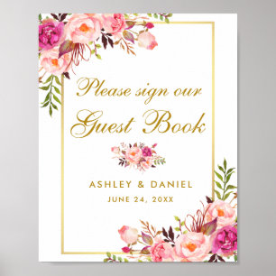 Trouwgastenboek met roze bloemenschildering en gou poster