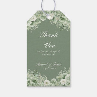 Trouwgunstlabels met saliegroene bloemen in waterv cadeaulabel