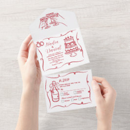 Trouwhand getekend grillige rode uitnodiging & RSV