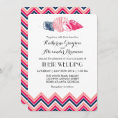 Trouwhartuitnodiging met vintage chevron zeeschelp kaart (Voorkant / Achterkant)