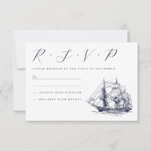 Trouwillustratie met vintage scheepvaart RSVP kaartje