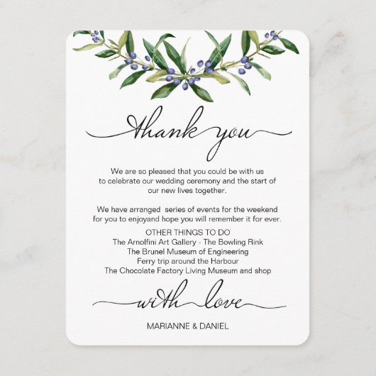 Trouwitinerary Olijventakje Welcome Favor Informatiekaartje (Achterkant)