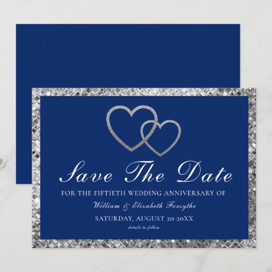 Trouwjubileum Zilveren Hartjes Blauw Save The Date (Voorkant / Achterkant)