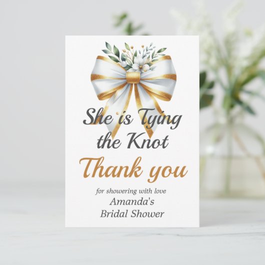 Trouwjurk Gouden Witte Boog Bloemige Bruidsdouche Bedankkaart (Staand voorkant)