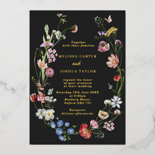 Trouwjurk met Hollandse bloemen & vlinders in goud Folie Uitnodiging