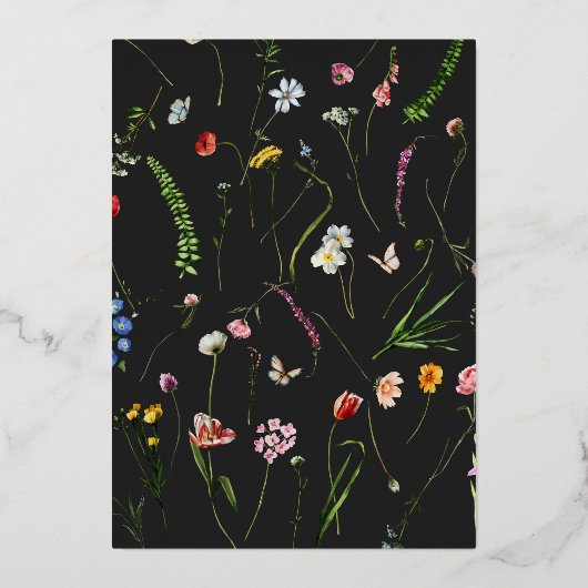 Trouwjurk met Hollandse bloemen & vlinders in goud Folie Uitnodiging (Achterkant)