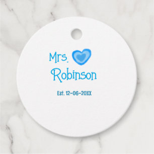 Trouwjurk Mrs voeg naam datum toe blauw hart water Bedankjes Labels