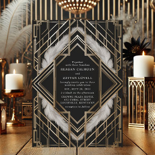 Trouwkaart Art Deco met zwarte goud veer Vintage Kaart