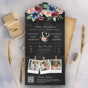 Trouwkaart Blush Navy Burgundy Bloemen QR Code Zwa All In One Uitnodiging