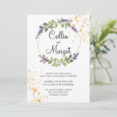 Trouwkaart goud en lavendel aankondiging (Staand voorkant)