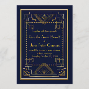 Trouwkaart, Great Gatsby, marineblauw, goud Kaart