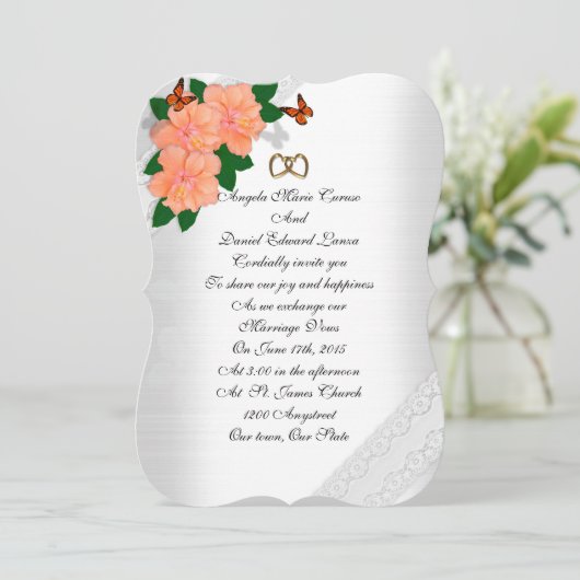 Trouwkaart hibiscus en vlinders kaart (Staand voorkant)