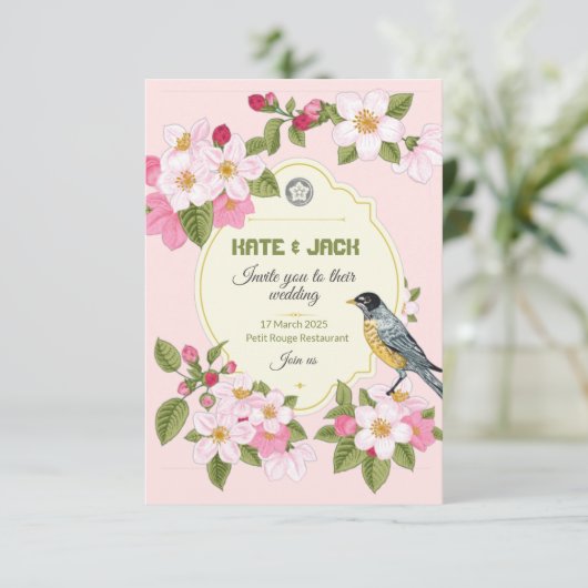 Trouwkaart in Japanse stijl met bloemen Aankondiging (Staand voorkant)