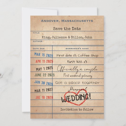 Trouwkaart in stijl van een vintage bibliotheek ui save the date (Voorkant)