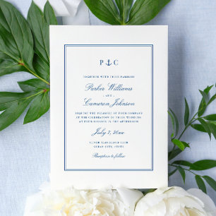 Trouwkaart met anker-monogram in marineblauw kaart