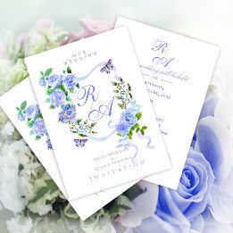 Trouwkaart met blauwe roos lint monogram kaart