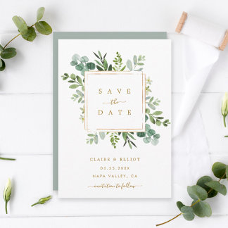 Trouwkaart met botanisch goudgroen blad Save the D Save The Date