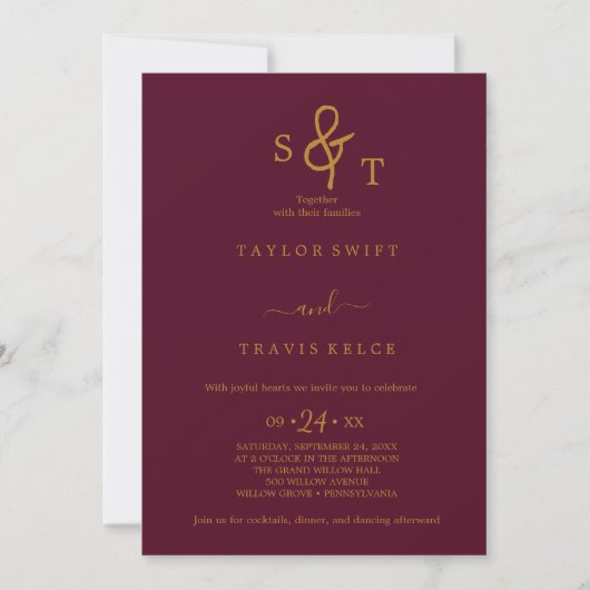 Trouwkaart met goud & bordeauxrood monogram kaart (Voorkant)