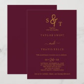Trouwkaart met goud & bordeauxrood monogram kaart (Voorkant / Achterkant)