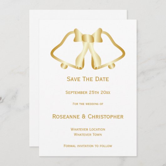 Trouwkaart met gouden bel en lint Save The Date (Voorkant / Achterkant)