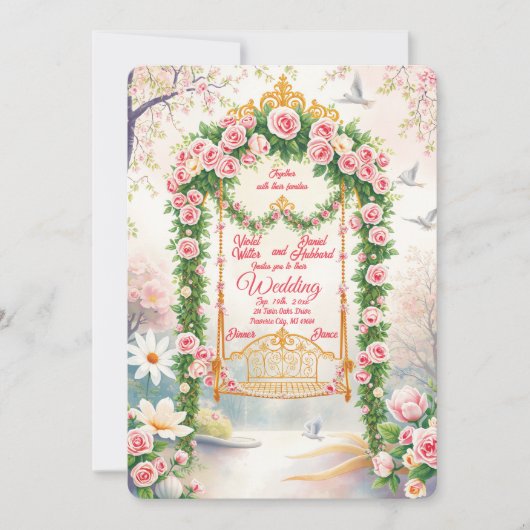 Trouwkaart met gouden schommel en bloemen kaart (Voorkant)