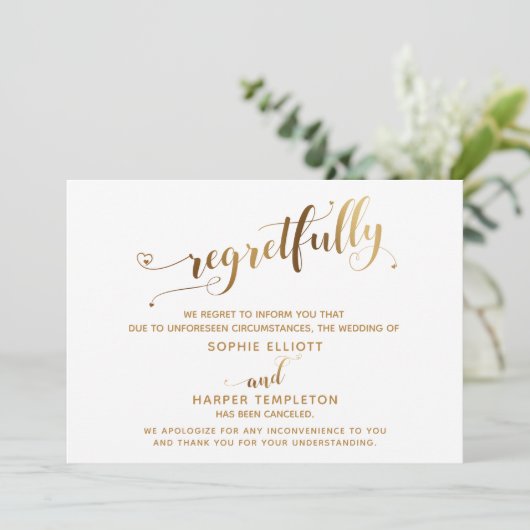 Trouwkaart met goudkalligrafie en mededeling dat h kaart (Staand voorkant)