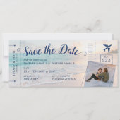 Trouwkaart met instapkaart en strandbestemming fot save the date (Voorkant)