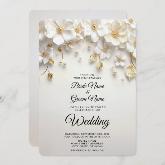 Trouwkaart met ivoorwitte bloemen en gouden blader kaart (Voorkant / Achterkant)
