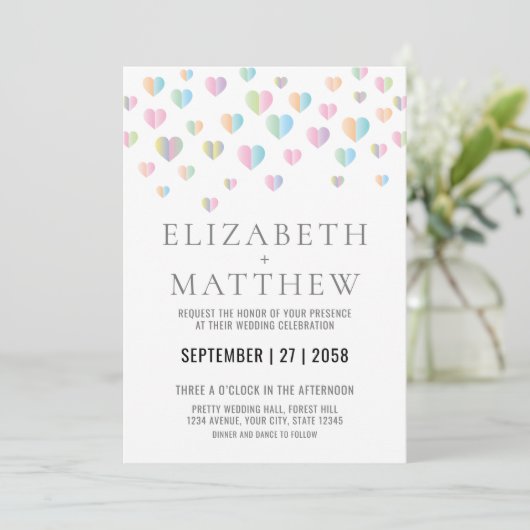 Trouwkaart met Kleurrijke Harten Elegant Aankondiging (Staand voorkant)