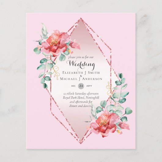 Trouwkaart met lage begroting rode roos bloemmotie (Voorkant)