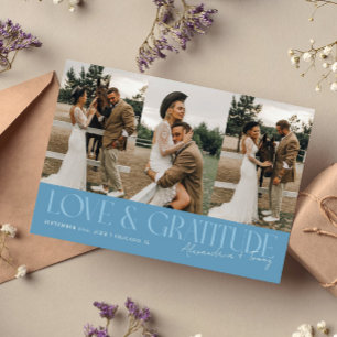 Trouwkaart met 'Love & Gratitude' in denimblauw me Bedankkaart
