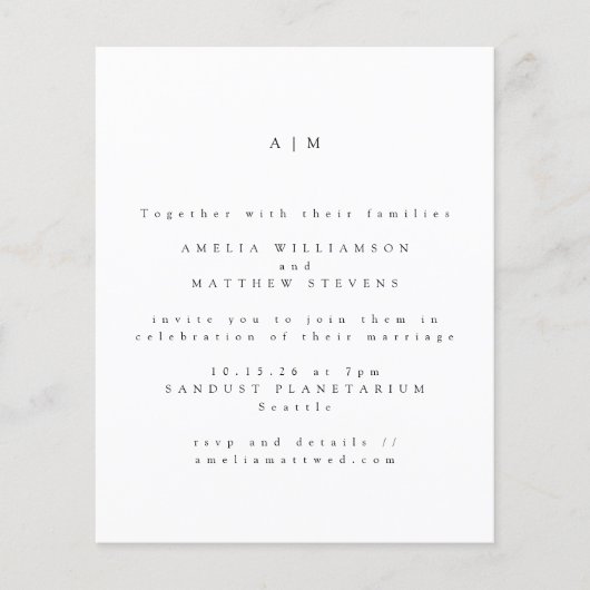 Trouwkaart met minimale monogram en chique uitstra (Voorkant)