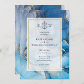 Trouwkaart met nautische blauwe en gouden agaatmon kaart (Voorkant / Achterkant)