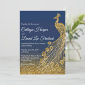 Trouwkaart met Navy Blauwe en Gouden Glitters Pauw Kaart (Staand voorkant)