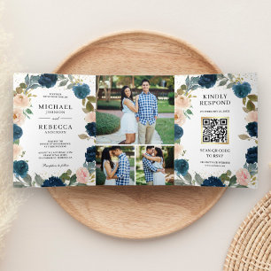 Trouwkaart met Navy Blauwe Perzik Bloemen en QR Co Drieluik Uitnodiging