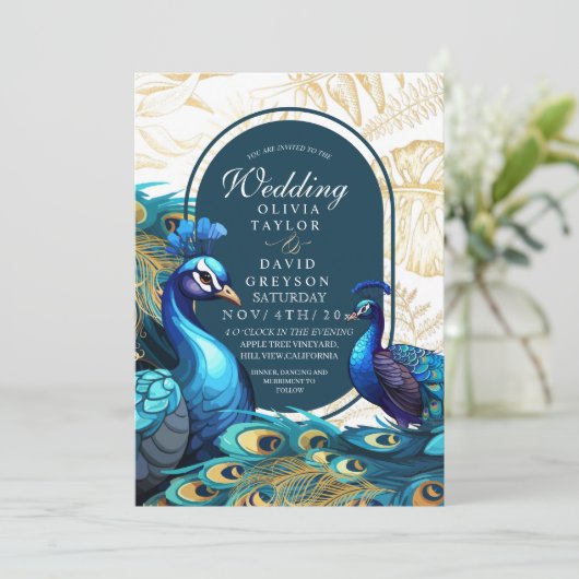 Trouwkaart met pauwenveren Premium  Kaart (Staand voorkant)