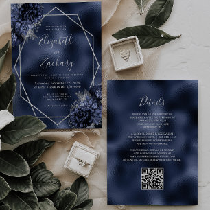 Trouwkaart met QR-code en marineblauw bloemmotief Kaart