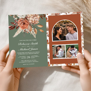 Trouwkaart met QR-code en terracotta bloemmotief i