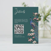 Trouwkaart met QR-code van smaragdgroene pauw Informatiekaartje (Staand voorkant)
