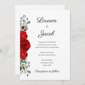 Trouwkaart met rode rozen en eucalyptus kaart (Voorkant / Achterkant)