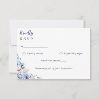 Trouwkaart met stoffig blauwe bloemen RSVP kaartje